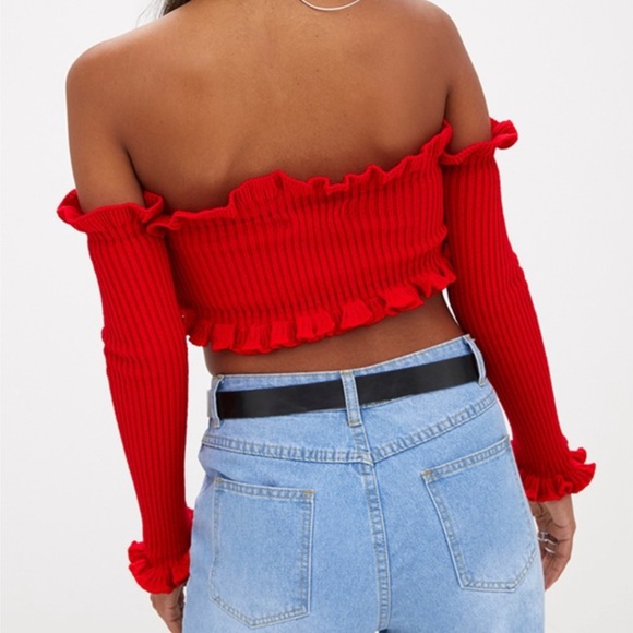 Pretty Little Thing Red Ruffle Detail Knit Barlot Long Sleeve Crop Top, US 6 M L - Picture 5 of 5
